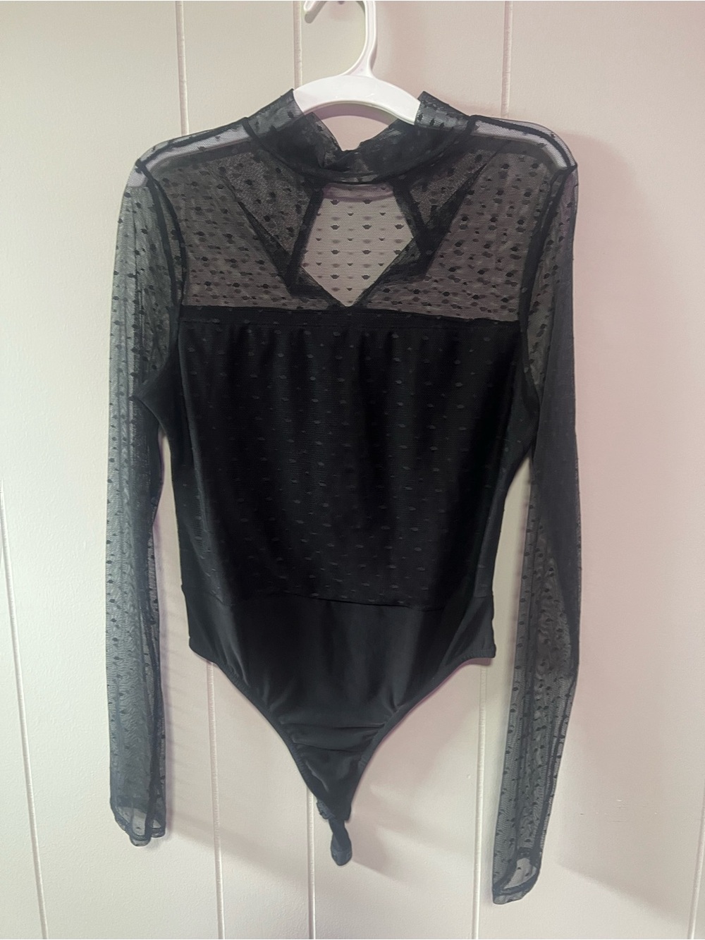 Women’s Black Sheer Dot Mesh Long Sleeve Bodysuit